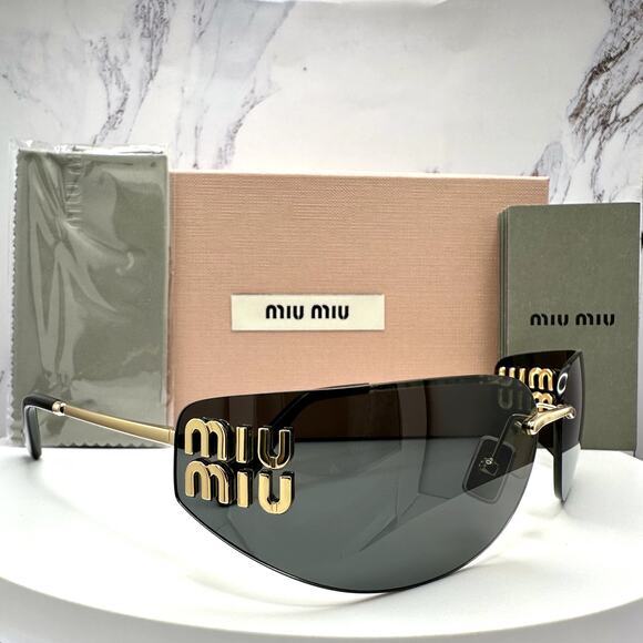 New MIU MIU Sunglasses Gold Dark Gray Lens Runway Wrap Rimless Authentic Miu Miu